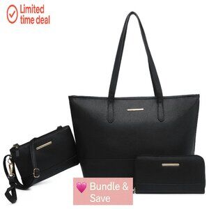 Large Vegan Leather Tote Bag Set with Wristlet and Wallet